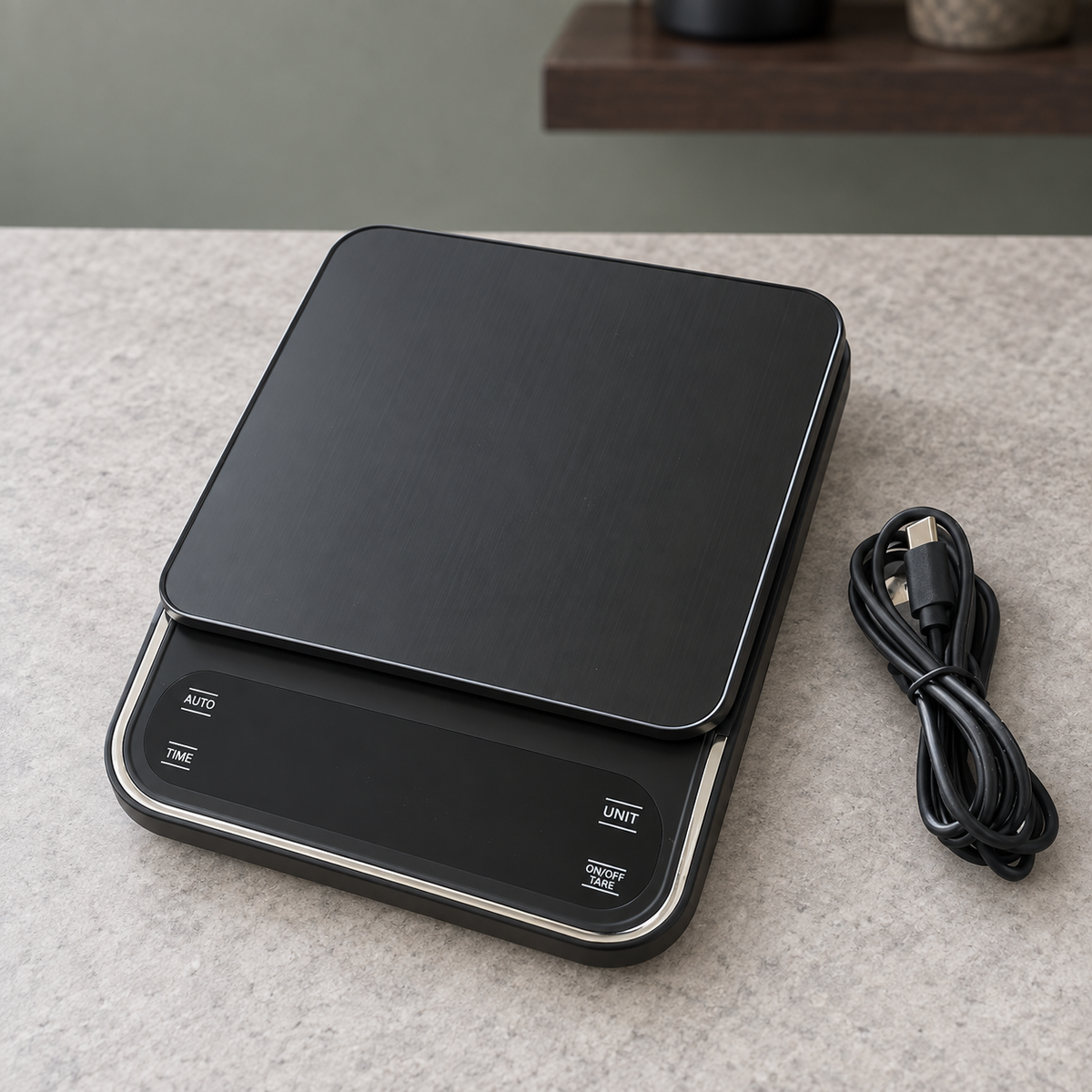 Gramera para café con temporizador sobre una mesa de preparación con luz suave.